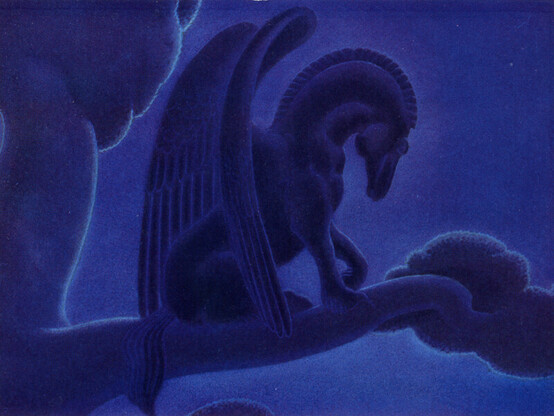 A moody painting of a black stallion pegasus, perched on the bough of a tree, backlit by the moon.