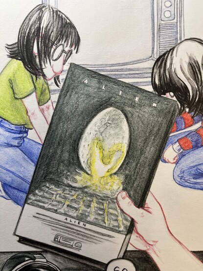 Ink pencil drawing of video cover art for the movie Alien, held in front of two tweens sitting in front of an old-model tv