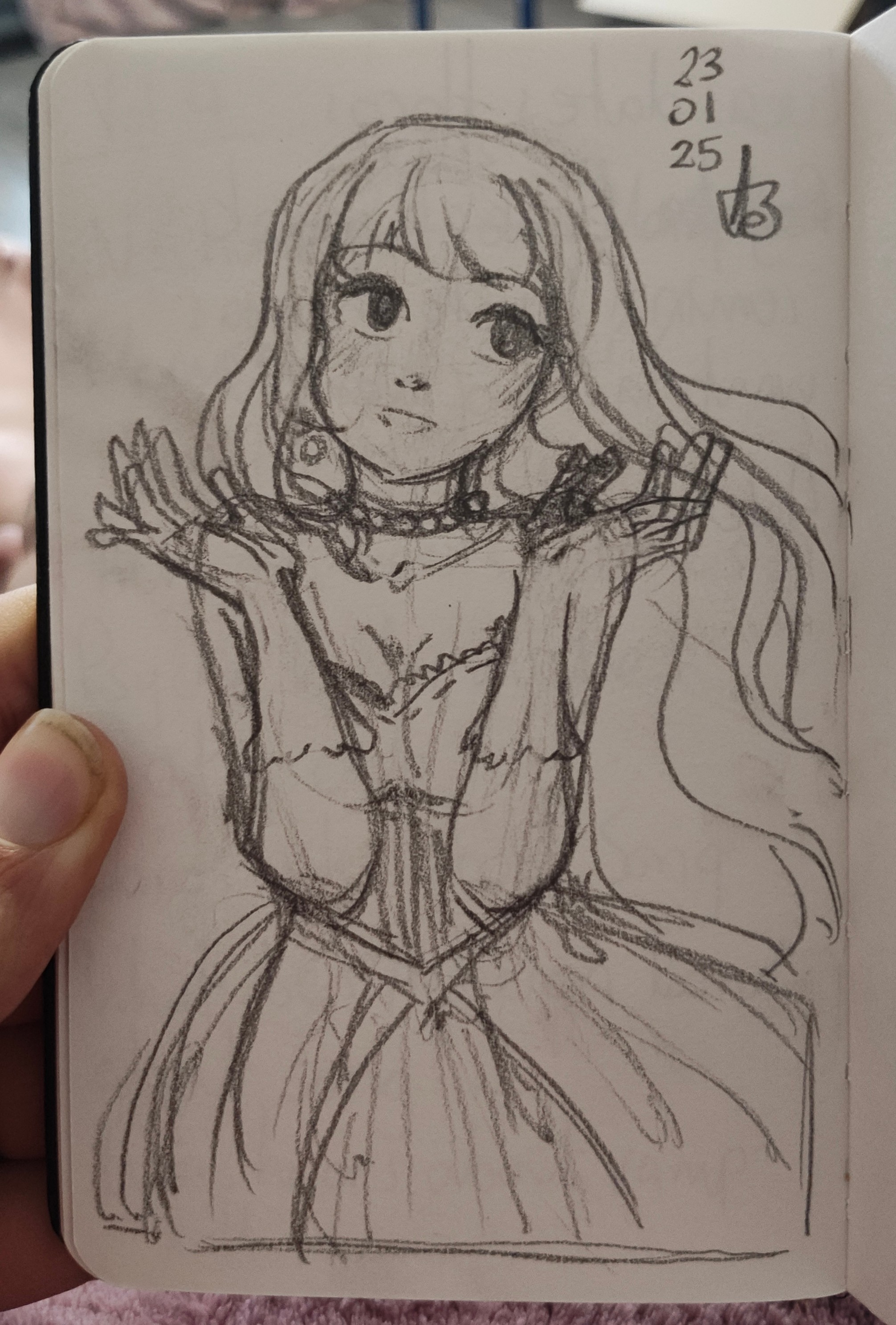 A pencil drawing of a cute young woman in a princess-like dress shrugging as she looks to the upper right. Her long hair flows with energy.