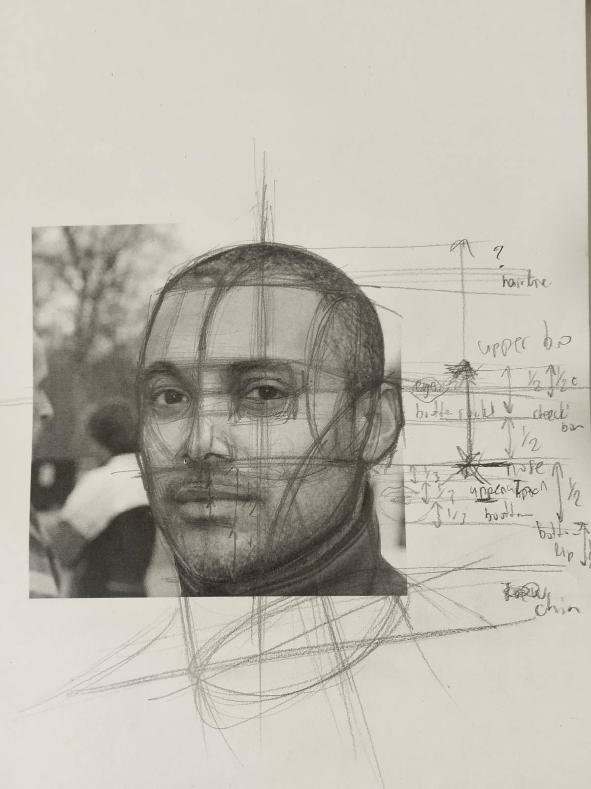 Photograph of a male face. Some pencil lines and shapes are being drawn on top of it. They analyse and study the face with basic shapes. There are also notes in bad handwritting about where each part of the head starts and proportions for each part of the head.
