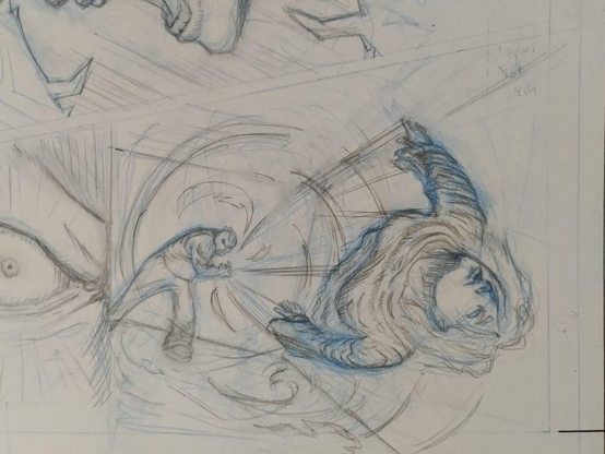 Comic panel drawing with blue and black pencil. Work in progress. It's in dutch (diagonal) angle. Depicts a bulky, muscular, a bit fat man, throwing with his right hand a girl towards the front. Tha man's posture is like a baseball pitcher, but less technical and more aggressive. The girls is shown foreshortened, her head tilted towards the back, body parallel to the ground. She has bob haircut and wears a wornout robe. The man wears prison pants and a white sleaveless top underwear. There are lines depicting the excessing power of the throw. Straight lines from the direction of the hand towards the direction of the girl and come circular ones around the centre where the hand of the guy is. All of this happens inside a room. No details of it are drawn.