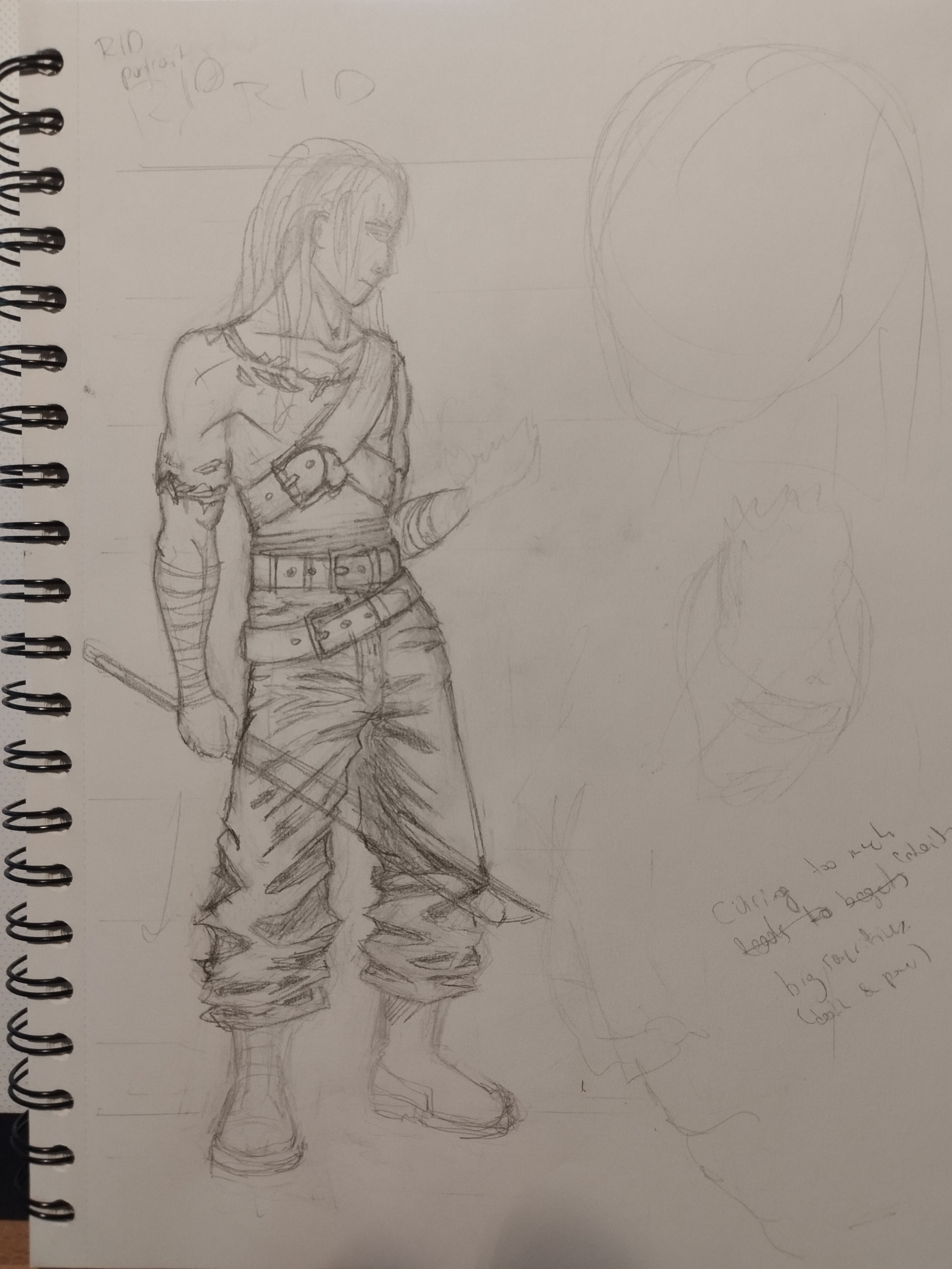 A pencil sketch on a white page of a spiral-bound notebook. On the left, a more detailed drawing shows a person in profile facing right, with long white dreadlocks, a muscular build, and straps across the chest. The figure wears pants and holds a thin sword in one hand. To the right of the person are lighter, less-defined sketches, including a large circle. The pants and clothes are drawn detailed with pencil.