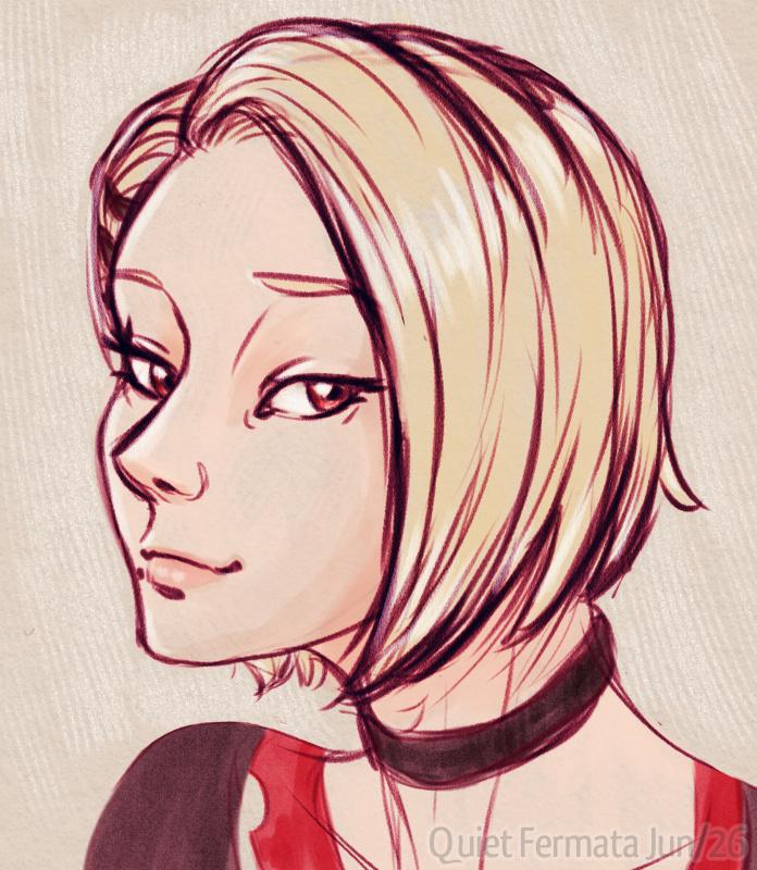 A rough digital pencil sketch with some scribbly colour, of a very feminine-looking guy with jaw-length platinum blonde hair, and red eyes. He's looking at the viewer with a somewhat suggestive/amused smile.