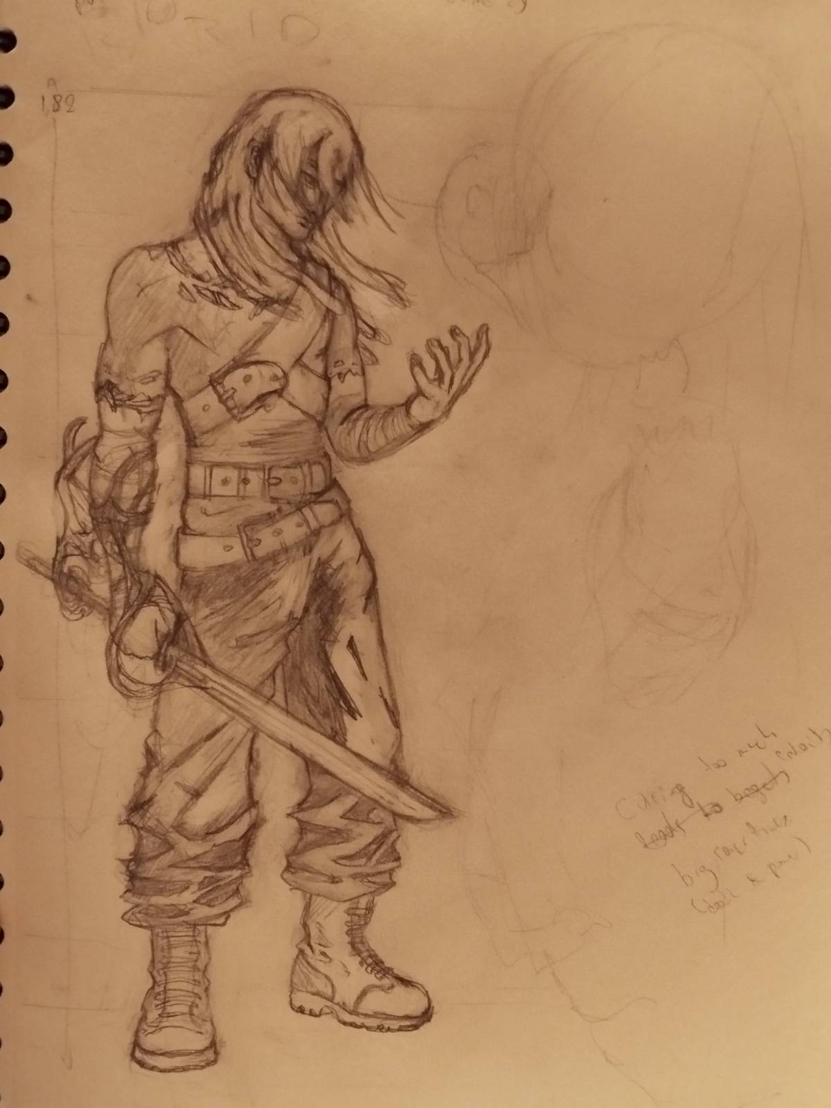 A pencil sketch on a page of a spiral notebook depicts a humanoid figure holding a large blade. The figure has long hair partially covering their face and wears bandages, straps, and armor pieces across their upper body and one arm. They are dressed in baggy trousers and heavy boots, with one hand raised in an open gesture while the other holds a wide sword diagonally across their body. Faint, light pencil sketches appear to the right of the figure. The number "1.82" is written in the top left corner, and handwritten notes on the right side.