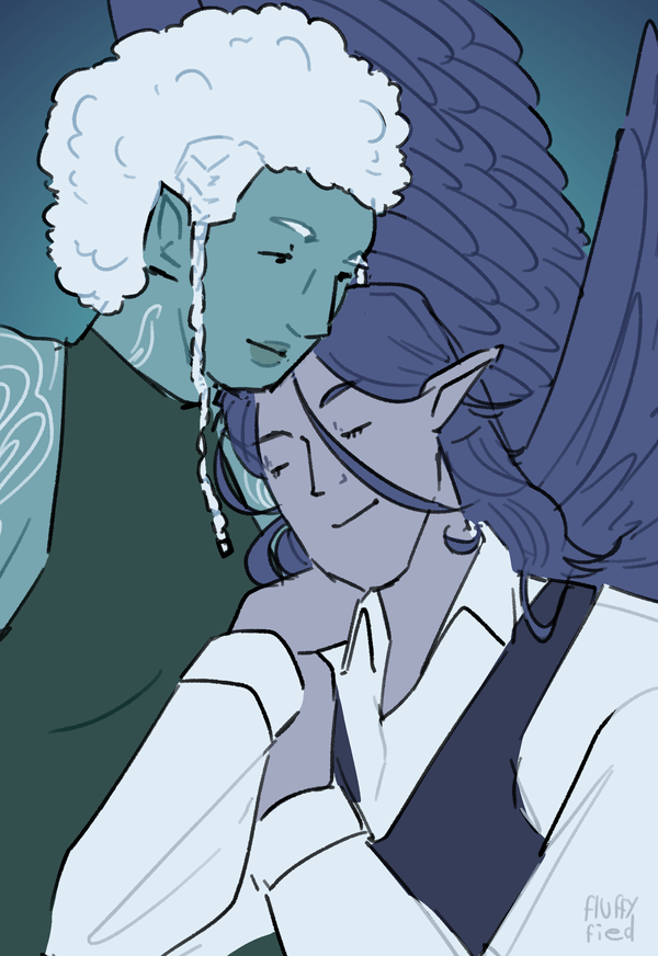 A digital drawing of a cuddling couple in blueish colors.