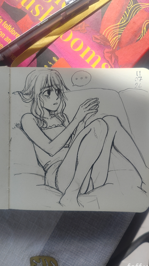 a photo of an illustration by feff. A young woman is sat on a very soft sofa. her hands are lightly pressed together and she looks concerned