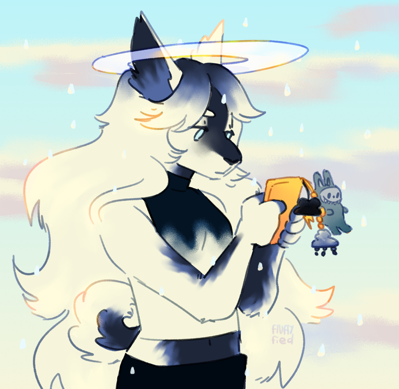 A digital drawing of the furry character Mae playing on her phone. The phone has multiple charms which are rainy or stormy clouds and also a labubu. Mae has a halo and floating raindrops around her.