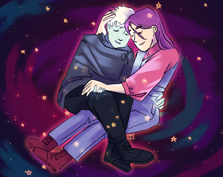 A digital drawing of a cuddling couple floating in space.
