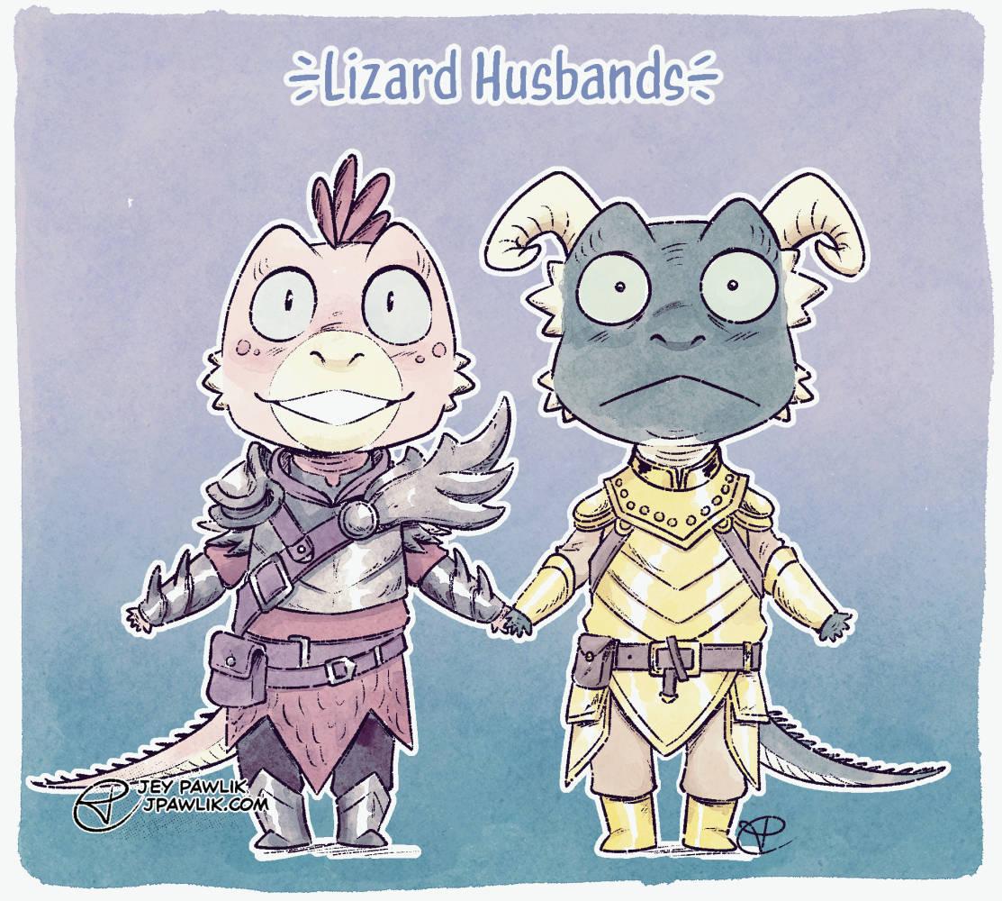 Digital illustration of two chibi Argonians from Skyrim holding hands with the title "Lizard Husbands" above them.