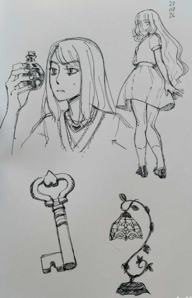 A page of pen only sketches. Upper right: a young woman half turns towards the viewer, causing her skirt to billow slightly. Upper left: A different young woman is inspecting a potion. Lower left: A key with a heart design. Lower right: A hanging desk lamp with a botanical theme.