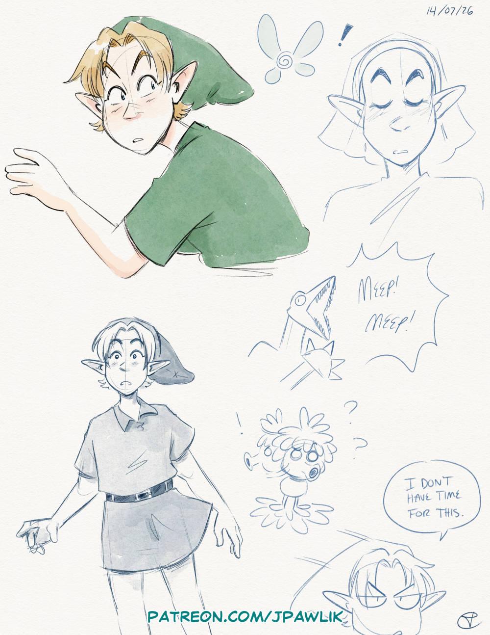 A full sketch page from the sketchbook: a few coloured doodles from Ocarina of Time. A few dramatic looking Links, a Zelda, then a silly doodle of a lizalfos going "MEEP! MEEP!". Another doodle of Link rushing passed a deku scrub while saying grumpily "I don't have time for this" as the deku scrub looks around confused.